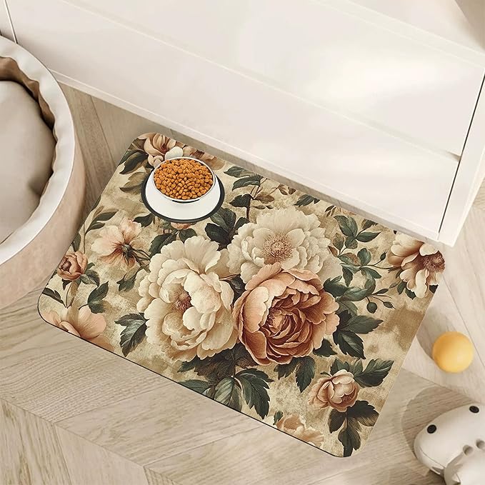 Roses Peonies Pet Feeding Mat, Vintage Luxury Shabby Chic Flower Absorbent by Unknown