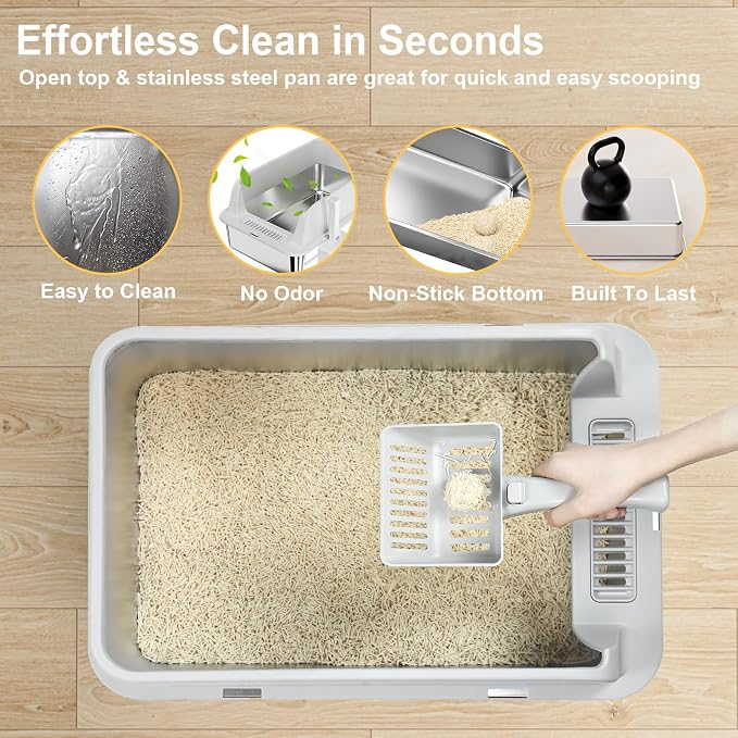 TENTIZON Large Stainless Steel Cat Litter Box, Open Top Metal Kitty Litter Tray - Image 2