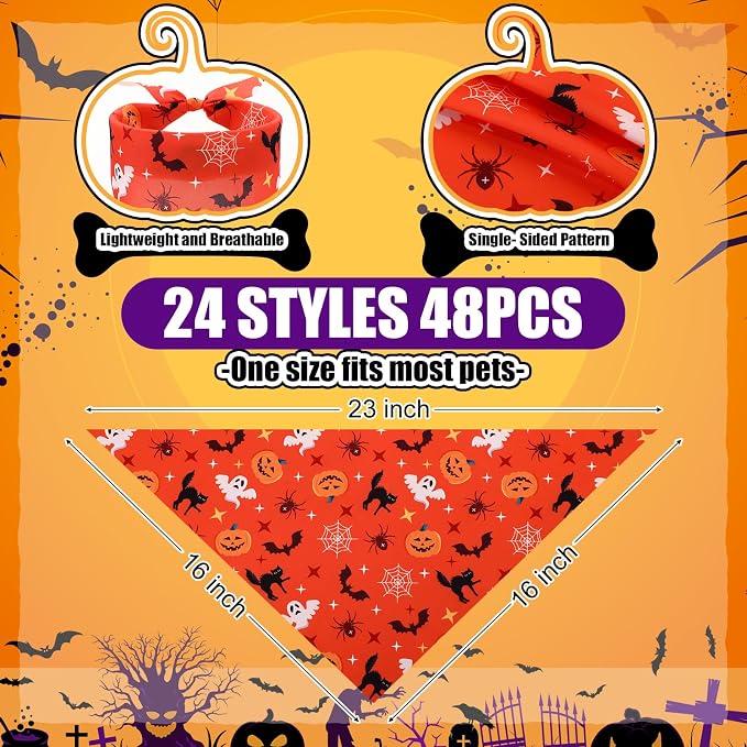 Sanwuta 48 Pcs Halloween Dog Bandanas Bulk Pumpkin Dog Bandanas Adjustable - Image 2