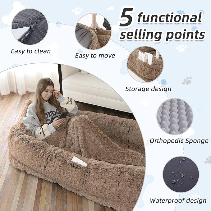 Human Dog Bed, Large Dog Beds for Humans Size Fits You and Pets, Washable Faux - Image 3
