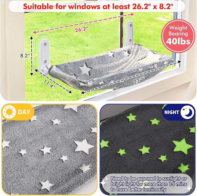 2PC Cat Window Perch, Glow in The Dark Cordless Foldable Pet Hammock Bed - Image 4