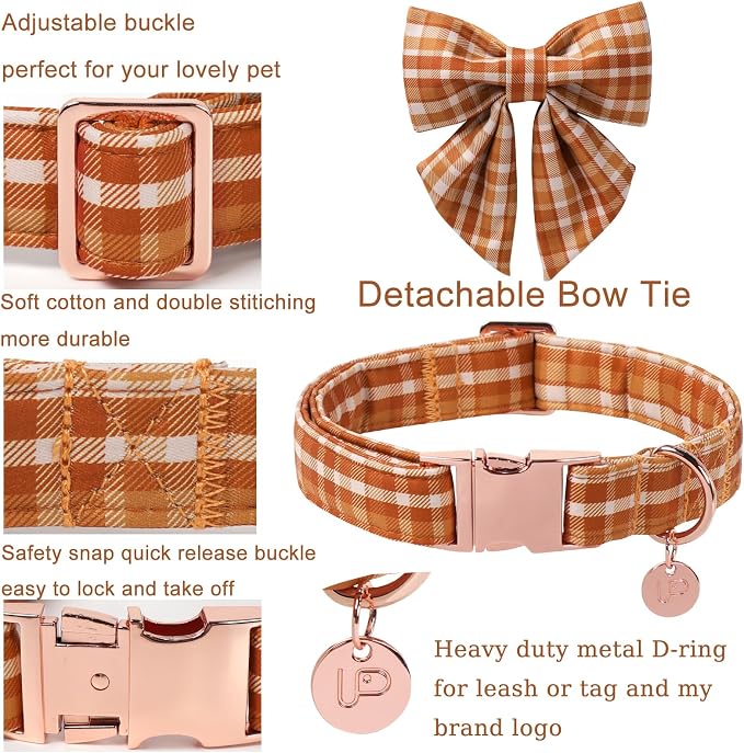 Fall Plaid Dog Collar and Bow Tie Set – Brown Orange Checkered Adjustable Collar - Image 2
