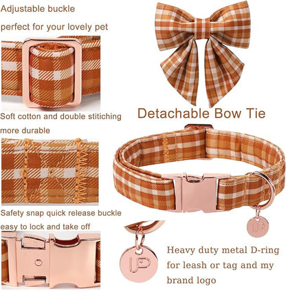 Fall Plaid Dog Collar and Bow Tie Set – Brown Orange Checkered Adjustable Collar - Image 2