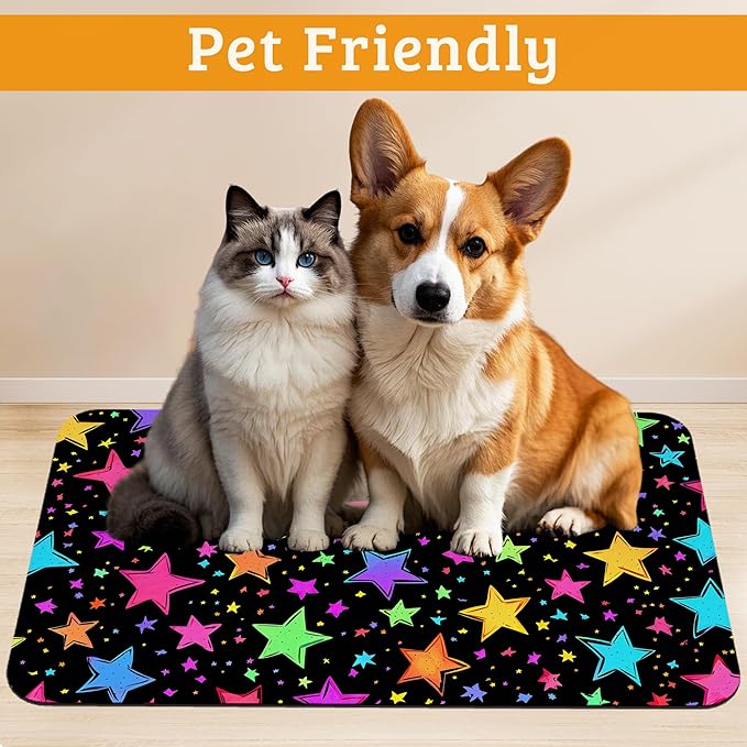 Neon Stars Dog Food Mat, Bright Colorful Absorbent Pet Feeding Mat - Image 2