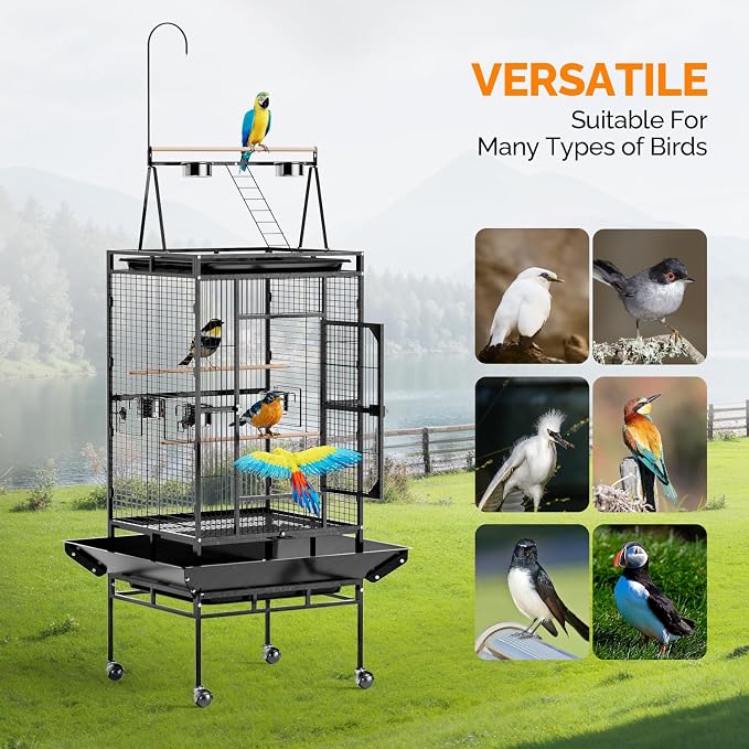 VINGLI 83 Inch Bird Cage with Play Top, Large Wrought Iron Bird Cage with Wheels - Image 7