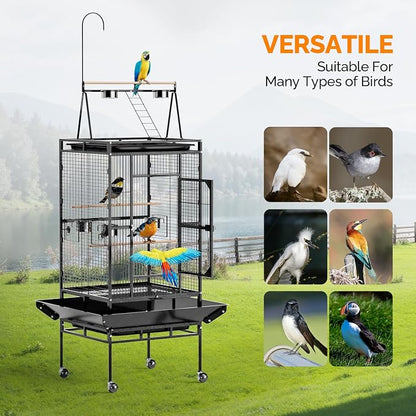 VINGLI 83 Inch Bird Cage with Play Top, Large Wrought Iron Bird Cage with Wheels - Image 7