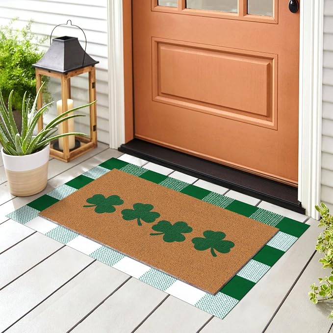 Tinideya 2 Pcs St. Patrick's Day Door Mat Shamrock Welcome Non Slip Green and - Image 3
