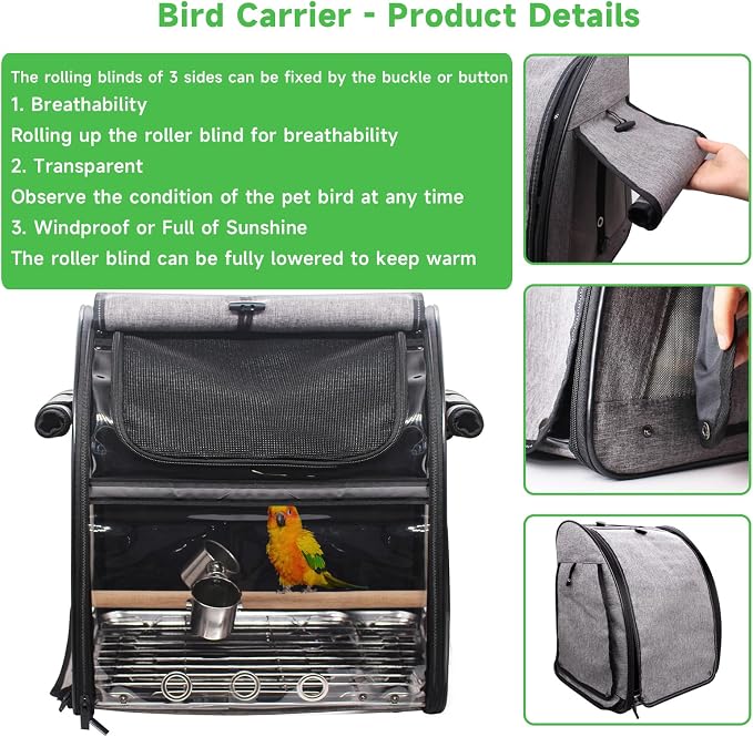 Bird Carrier Bag with Perch, Bird Travel Carrier Backpack with Stainless Steel - Image 3