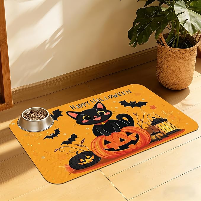 Halloween Cat Pet Feeding Mat, Absorbent Dog Bowl Pad, Quick Dry by QSOQSO