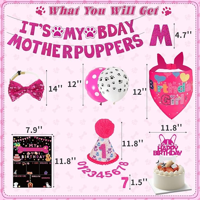 Hot-Pink Dog Birthday Party Supplies Pet Birthday Bandanas Girl Doggy Birthdays - Image 2