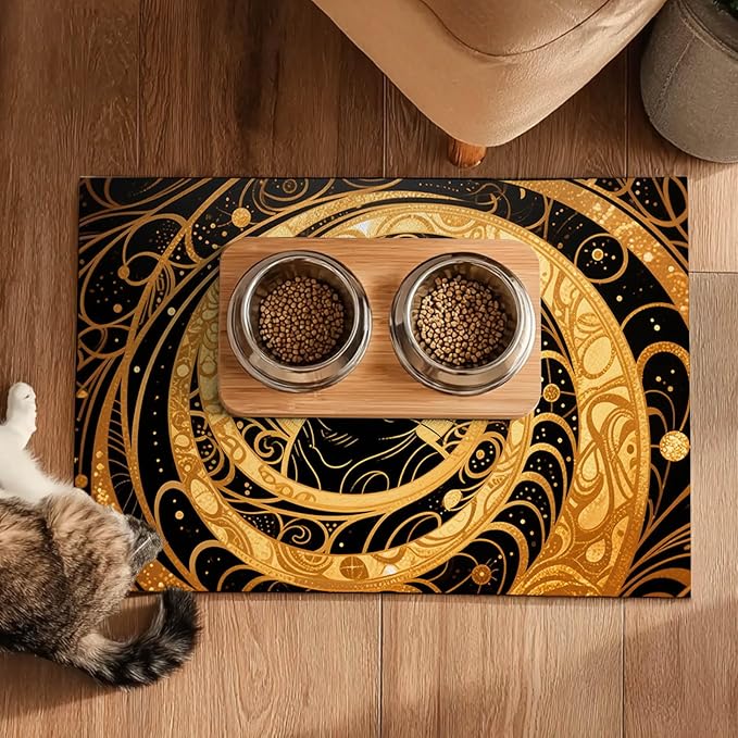 Cat Feedings Mats 20x12 inch Golden Cat Print Pet Bowl Placemat Non Slip Mat - Image 5