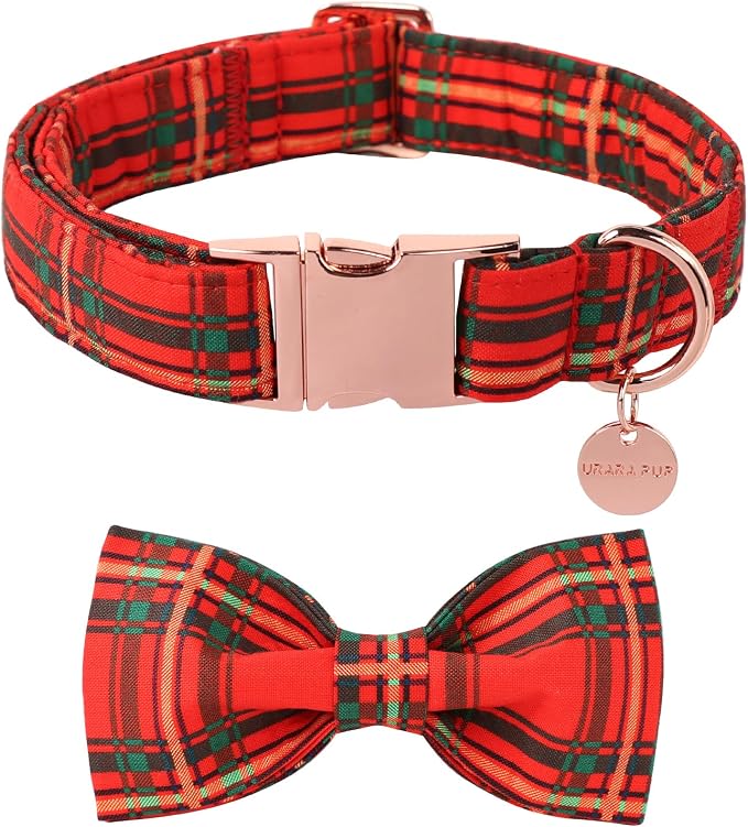 Christmas Dog Collar with Bow Tie, Cotton Christmas Plaid Collar by UPURARAPUP