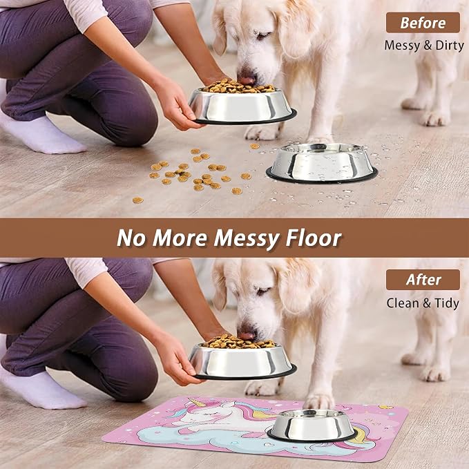 Cute Unicorn Dog Food Mat for Floors, Cloudy Pink Stars Absorbent Pet Food and - Image 5