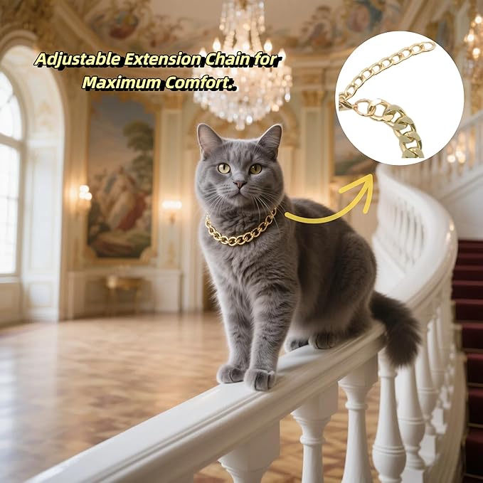 Gold Cat Chain Collar, Adjustable Cuban Link Necklace - Image 3