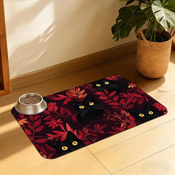 Black Cat Forest Pet Feeding Mat, Fast-Dry Absorbent Dog and Cat Bowl Mat by QSOQSO