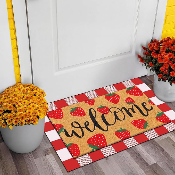 Tinideya 2 Pcs Strawberry Door Mat Fruit Pattern Design Welcome Non Slip Coir - Image 3
