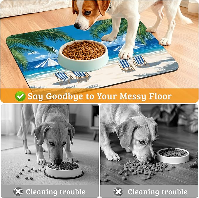 Pet Feeding Mat, Sea Beach Absorbent Dog Cat Food Mat Palm Tree Dog Mat - Image 4