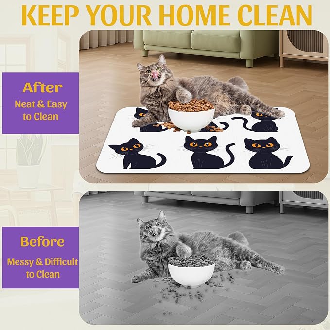 Cute Black Cats Pet Feeding Mat, Absorbent Dog and Cat Bowl Pad, Fast Dry - Image 4