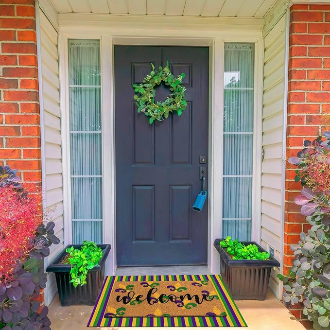 Tinideya 2 Pcs Mardi Gras Door Mat Carnival Welcome Non Slip Coir Mats Purple - Image 5