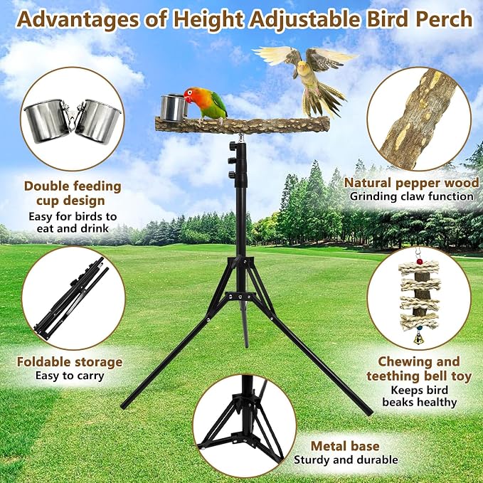 kathson 28-60inches Height Adjustable Bird Perch, Pepperwood Parrot Perch Stand - Image 3