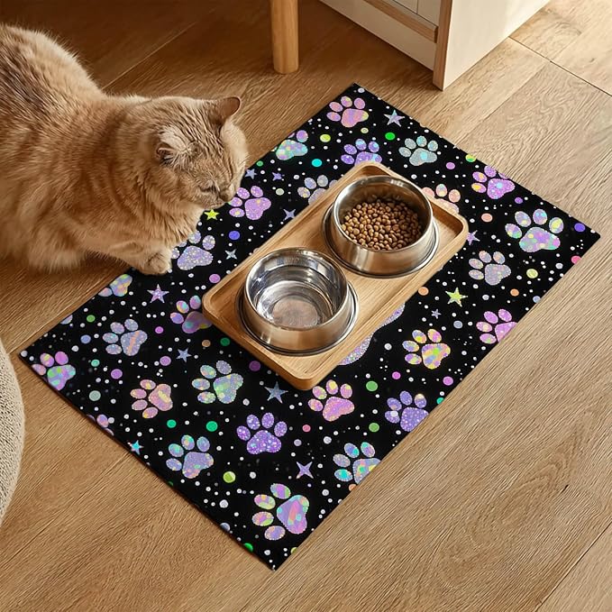 Pet Feeding Mat 24x16 inch Glitter Paw Print Pet Bowl Placemat Non Slip Floor - Image 2