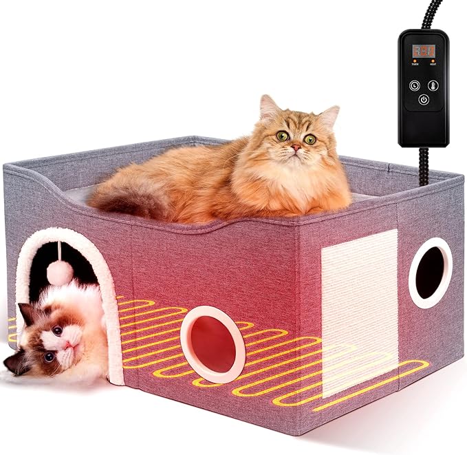 Indoor Heated Cat House, Adjustable Temperature Cat Heating Bed by Heeyoo