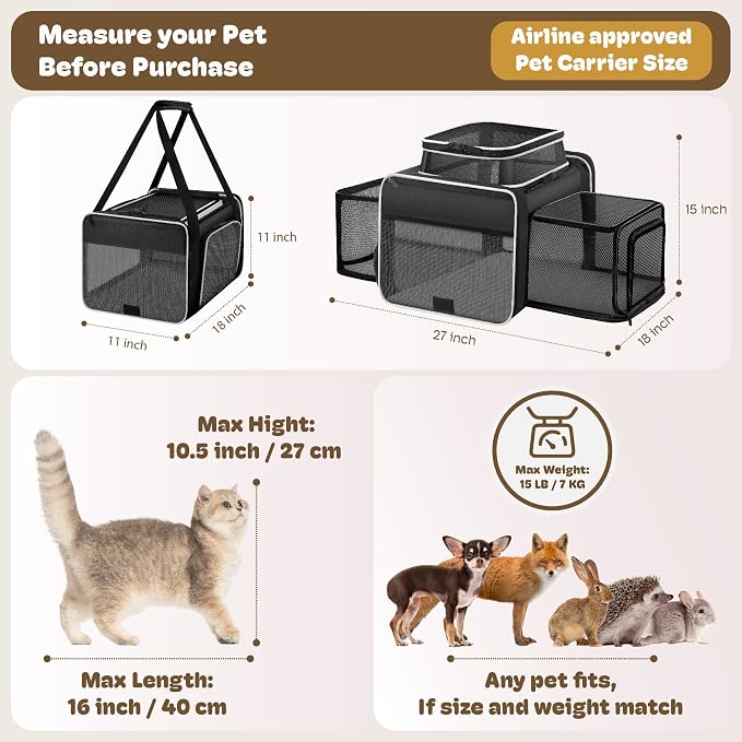 Top and 2 Sides Expandable Cat Carrier 18x11x11, TSA Airline Approved Dog - Image 4