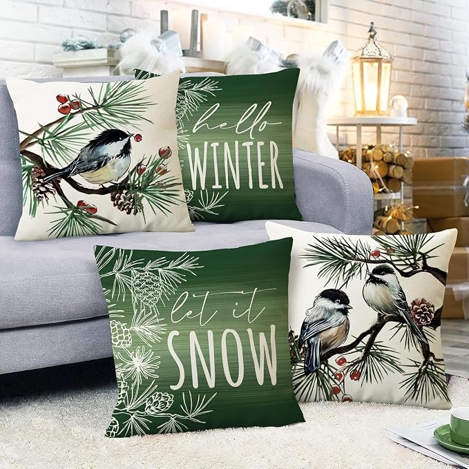 Fahrendom Hello Winter Green Decorative Throw Pillow Covers 20 x 20 Set of 4 - Image 6