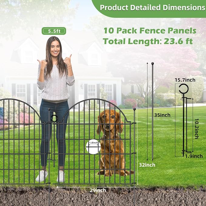 10 Panels No Dig Decorative Garden Fence, 32in x 23.6ft Outdoor Animal Barrier - Image 2