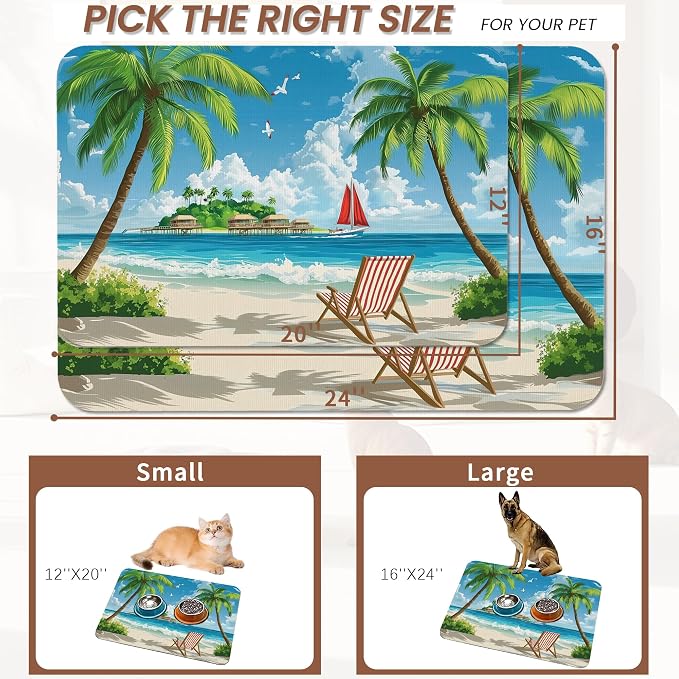 Tropical Beach Dog Food Mat for Floors, Hawaii Palm Tree Absorbent Quick-Dry - Image 2