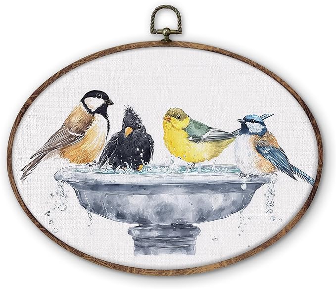 DILSJ Bird Oval Wall Art Decor, Country Bird Bath Canvas Wall Art Framed by DILSJ