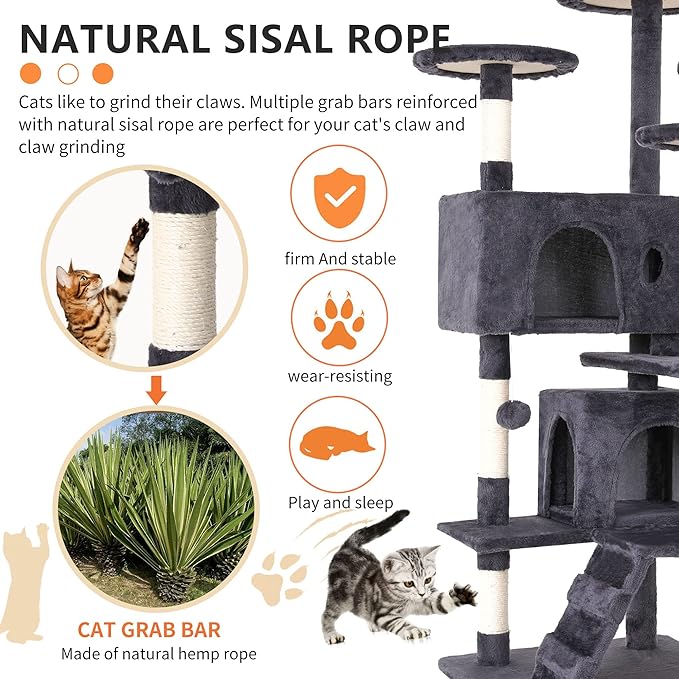 BestPet | 54" Cat Tree Tower | Ashy | Sturdy, Hanging Cat Toys, Observation - Image 4