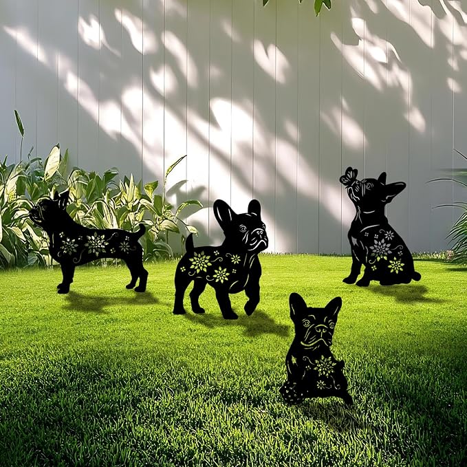 4 Pack Bulldog Metal Garden Decorative Stakes, Weather Proof Puppy Silhouette by Yonisungardenandoutdoor