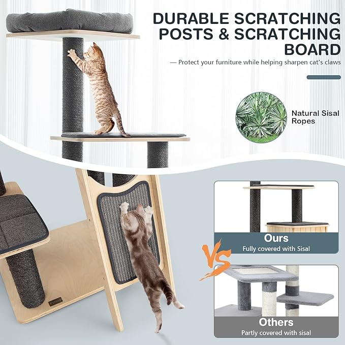PETSITE 69-inch Tall Wooden Cat Tree Tower, Modern Cat Activity Center Tree - Image 4