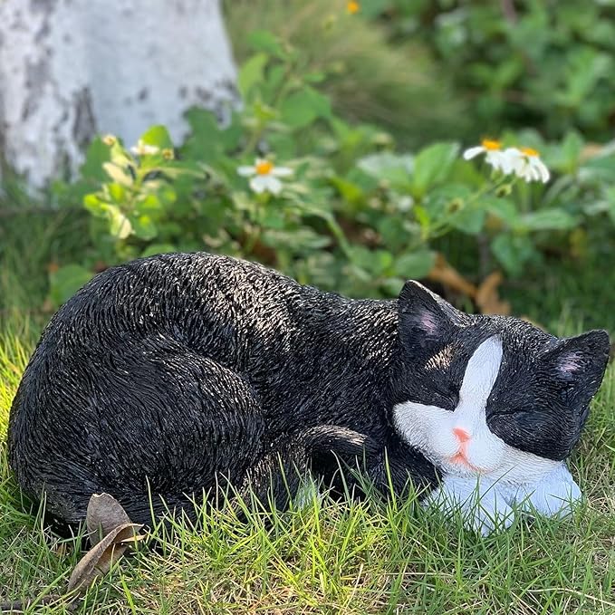 Cat Statue Outdoor Cat Figurines Garden Decor, Sleeping Tabby Statues by GardenWhisper