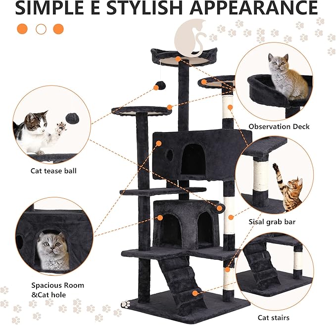 BestPet | 54" Cat Tree Tower | Dark Gray | Sturdy, Hanging Cat Toys, - Image 6