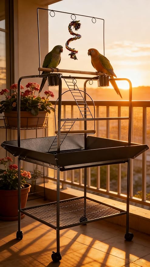62 Inch Bird Cage with Wooden Perches, Standing Wrought Iron Birdcage with - Image 4
