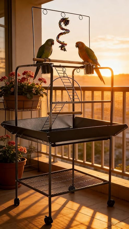 62 Inch Bird Cage with Wooden Perches, Standing Wrought Iron Birdcage with - Image 4