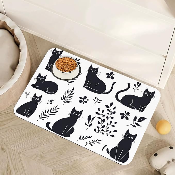 Cute Black Flower Dog Cat Food Mat, Absorbent Pet Feeding Mat by Unknown