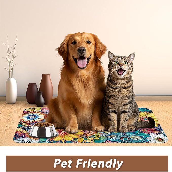 Floral Dog Food Mat for Floors, Cute Mandala Flower Absorbent Quick-Dry Pet - Image 6