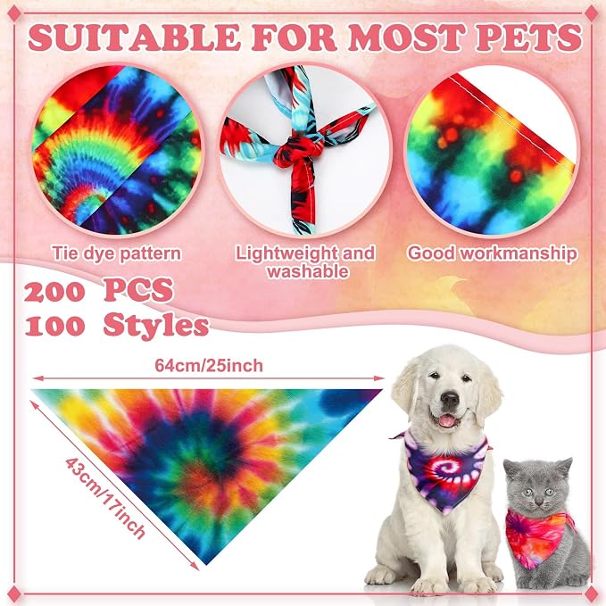 200 Pcs Tie Dye Dog Bandanas Bulk Pet Bibs Colorful Triangle Scarf Tie Dye Pet - Image 2