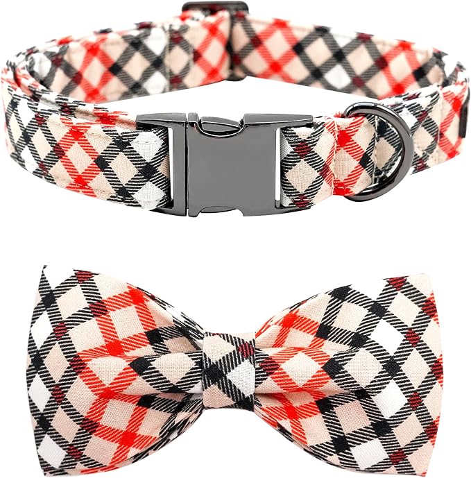 Dog Collar, Bow Dog Collar Beige Plaid Pet Collar Cute Pet Bow Soft Girl or Boy by BoboRainbow