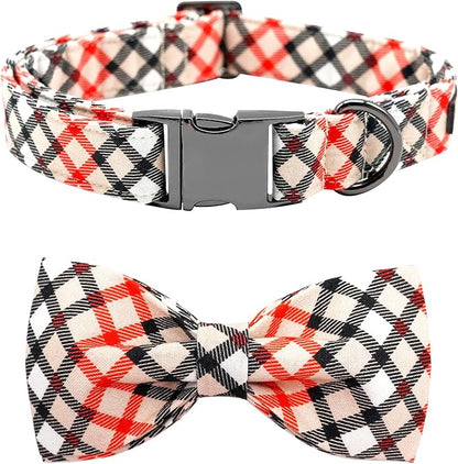 Dog Collar, Bow Dog Collar Beige Plaid Pet Collar Cute Pet Bow Soft Girl or Boy by BoboRainbow