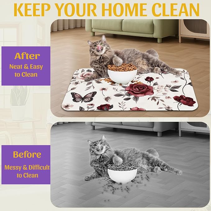 Vintage Flower Butterfly Dog Cat Food Mat, Absorbent Feeding Placemat, - Image 4