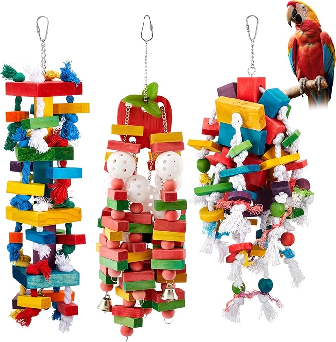 3 Pcs Extra Large Bird Parrot Toy Multicolored Natural Wooden Parrot Cage by Seenelling