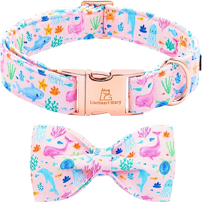 Lionheart glory Dog Bow Collar Sea Animals Print Pink Dog Collar by LionheartGlory