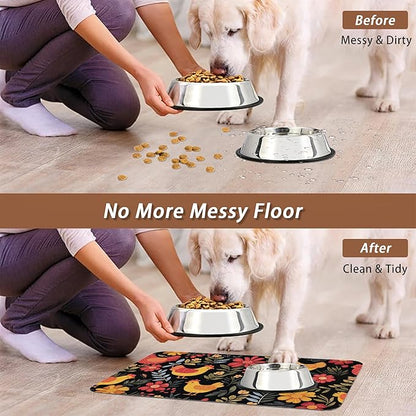 Chicken Rooster Hen Flower Meadow Dog Cat Food Mat, Absorbent Pet Feeding Mat - Image 5