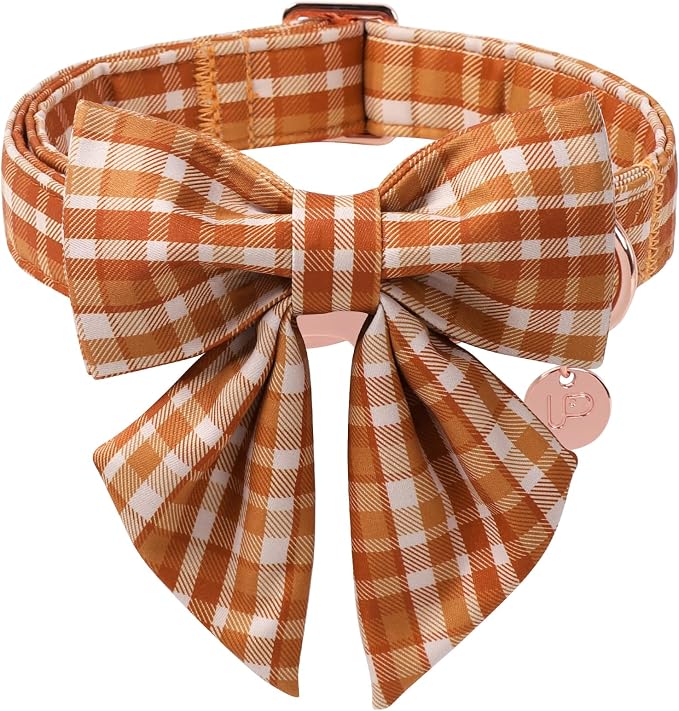 Fall Plaid Dog Collar and Bow Tie Set – Brown Orange Checkered Adjustable Collar by UPURARAPUP