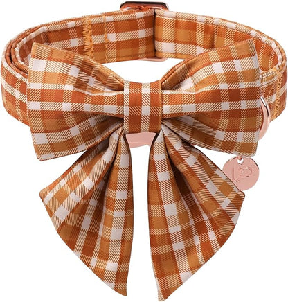 Fall Plaid Dog Collar and Bow Tie Set – Brown Orange Checkered Adjustable Collar by UPURARAPUP