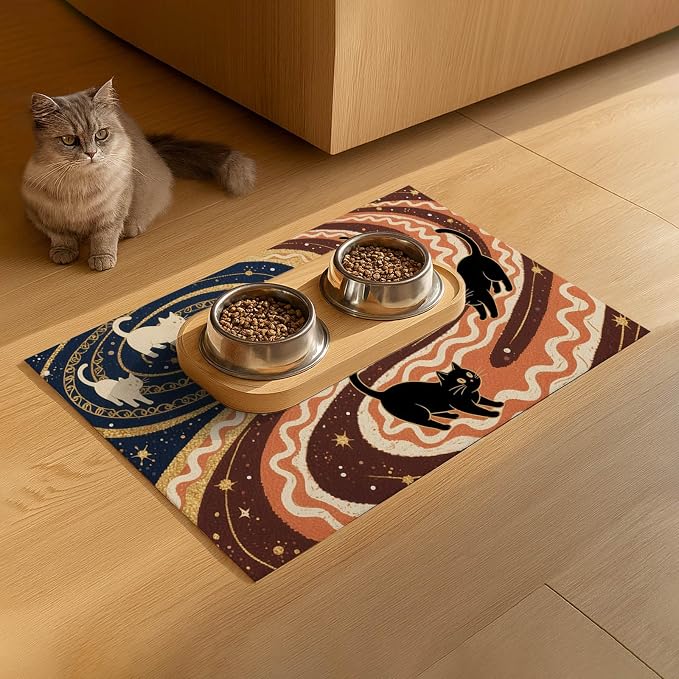 Pet Feedings Mats 20x12 inch Black Cat Design Pet Bowl Placemat Non Slip Mat - Image 9